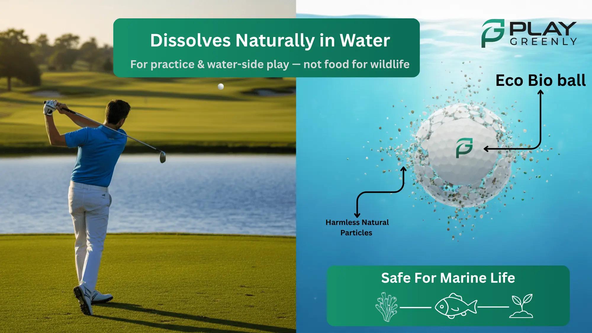 Alt Text: Diagram showing a biodegradable golf ball dissolving naturally in water without harming marine life
