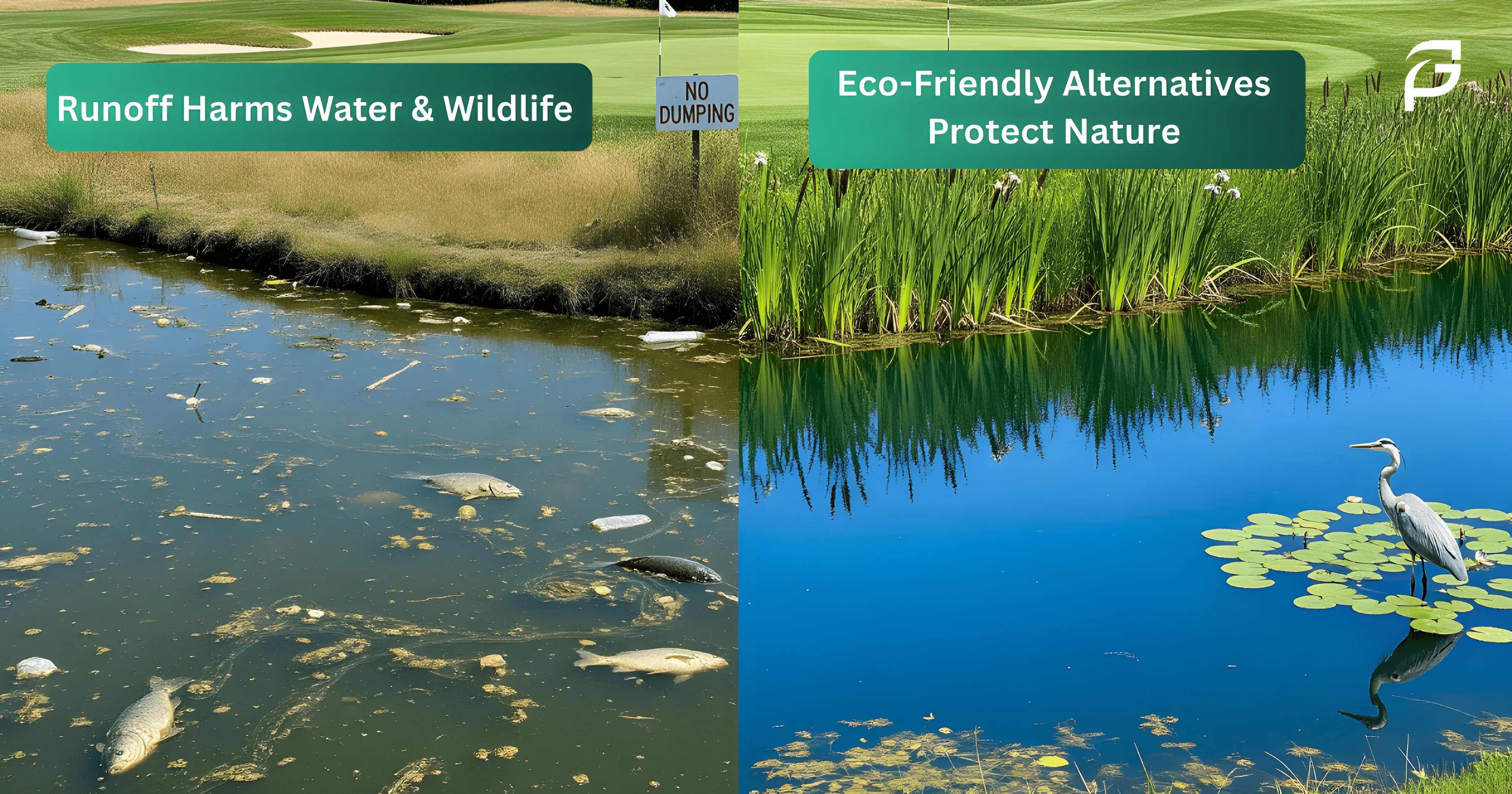 Comparison showing reduced chemical use on golf courses to protect water and surrounding ecosystemsComparison showing reduced chemical use on golf courses to protect water and surrounding ecosystems