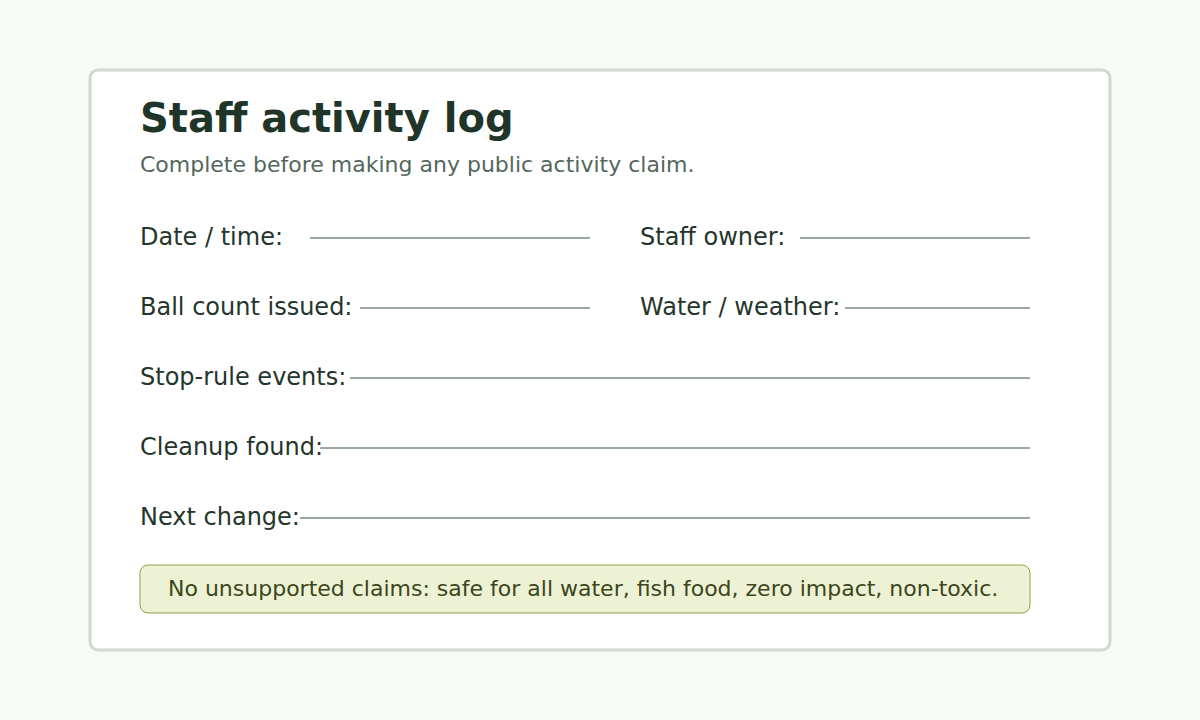 Staff log template for documenting a resort or marina golf activity.