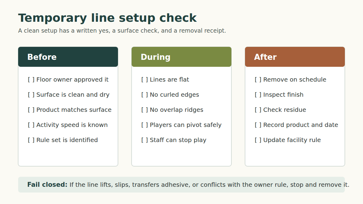 A before, during, and after diagram checks temporary sports floor line setup and removal.