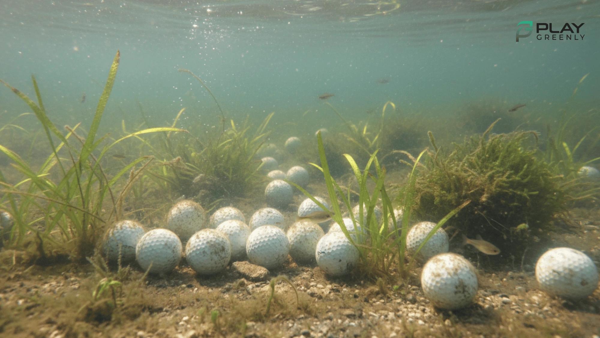 Dozens of golf balls collected on a freshwater lakebed among plants and sediment, illustrating long-term accumulation.