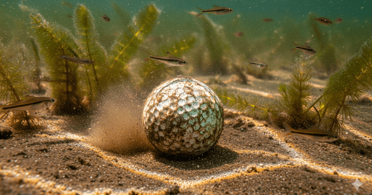 Biodegradable golf ball placed on natural ground highlighting eco-friendly materials
