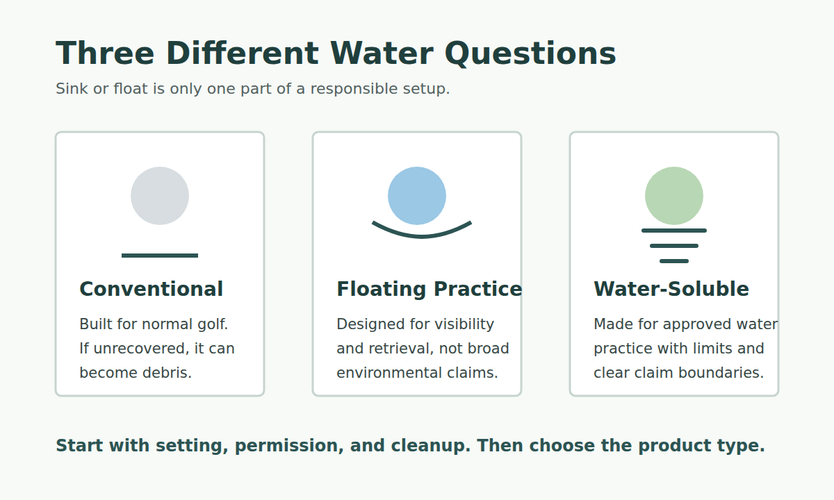 Three product lanes compare conventional, floating practice, and water-soluble practice golf balls.