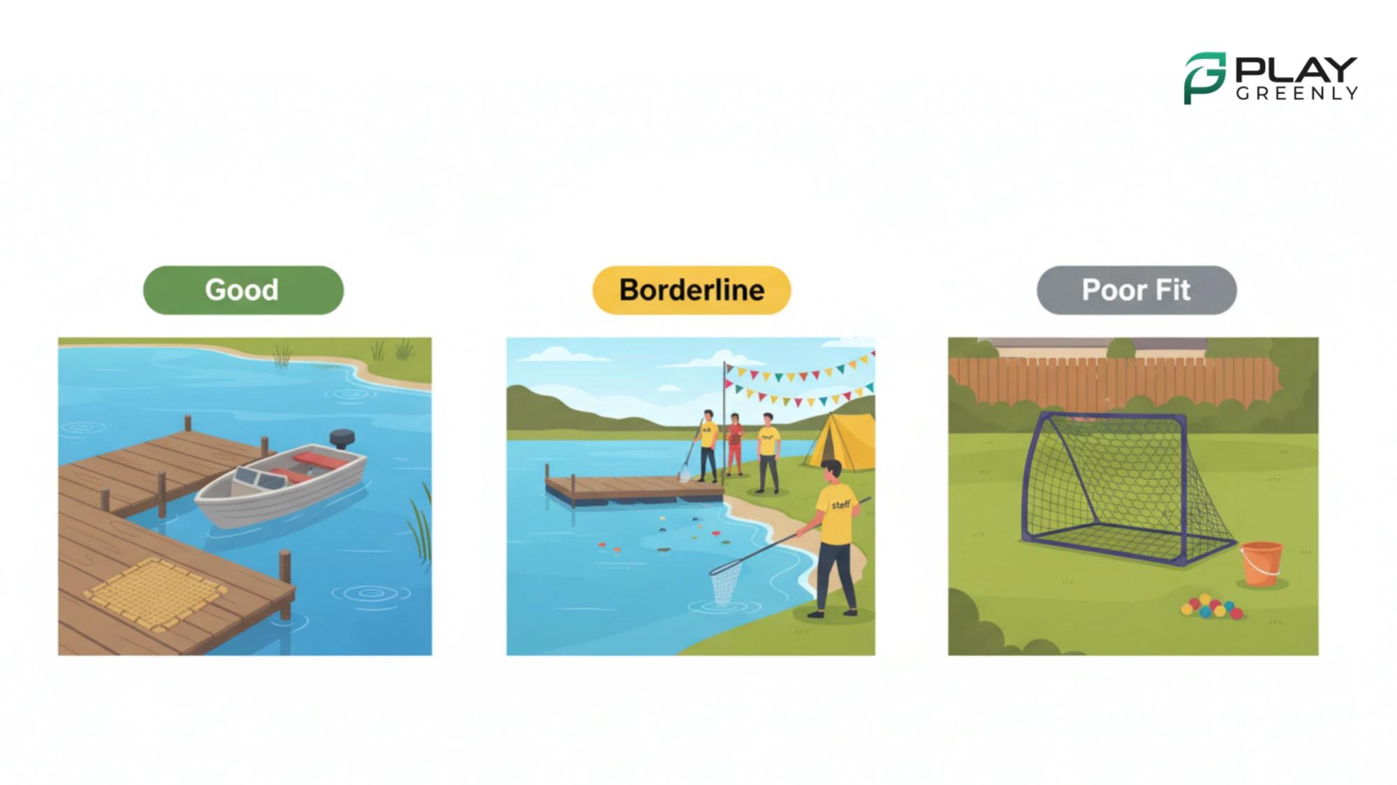 Three illustrated tiles showing good fit (boat or dock with marked lane), borderline fit (staffed event with retrieval nets), and poor fit (inland backyard net).