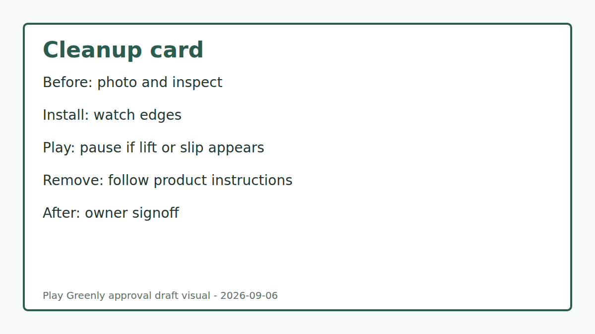 Checklist for install, play, removal, inspection, and facility signoff