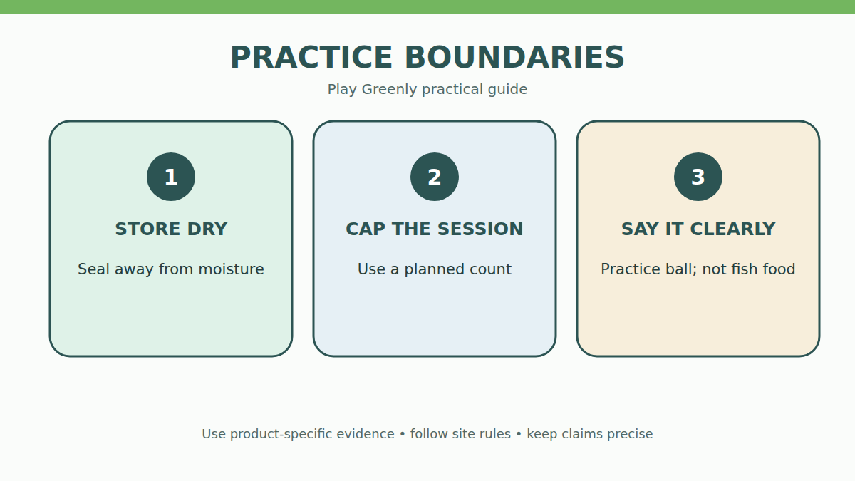 Play Greenly practice balls stored dry beside a small session-count card.
