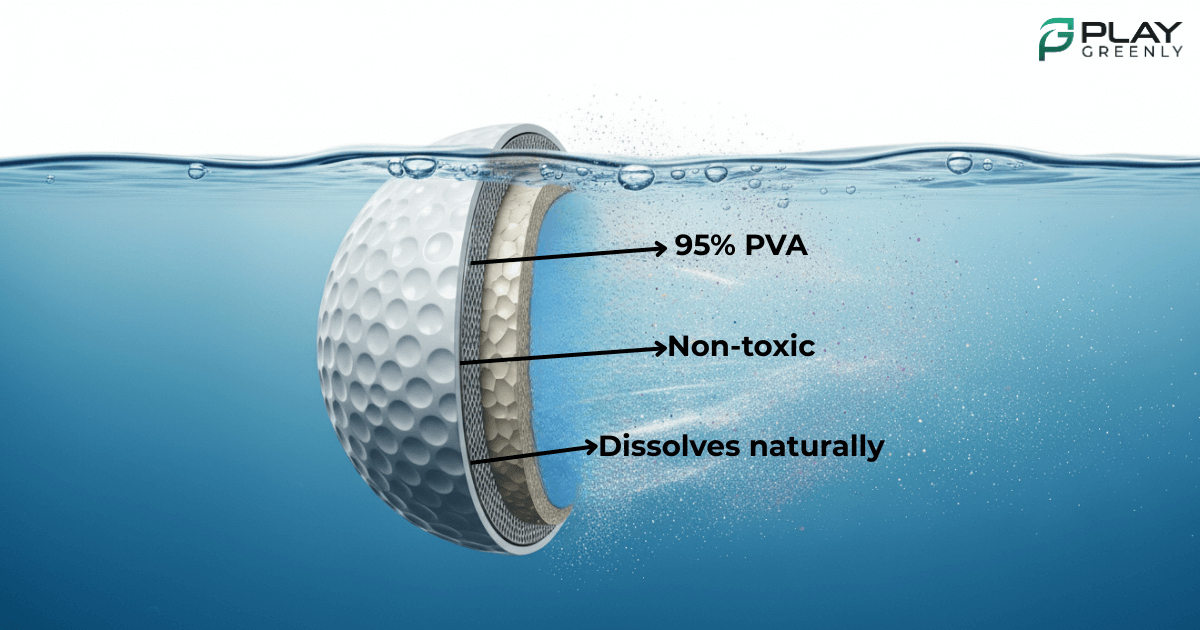 Diagram showing the internal structure of a PlayGreenly biodegradable golf ball