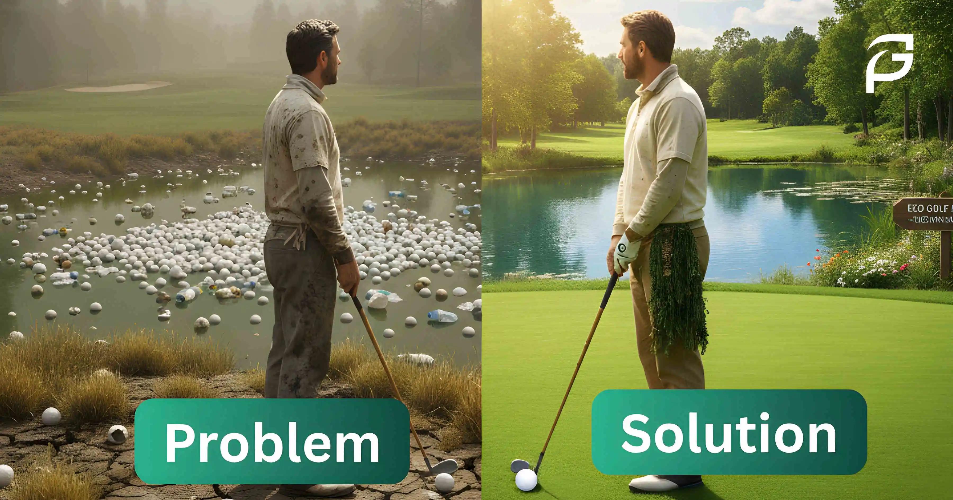 Comparison showing environmental impact of traditional golf vs eco-friendly golf practices