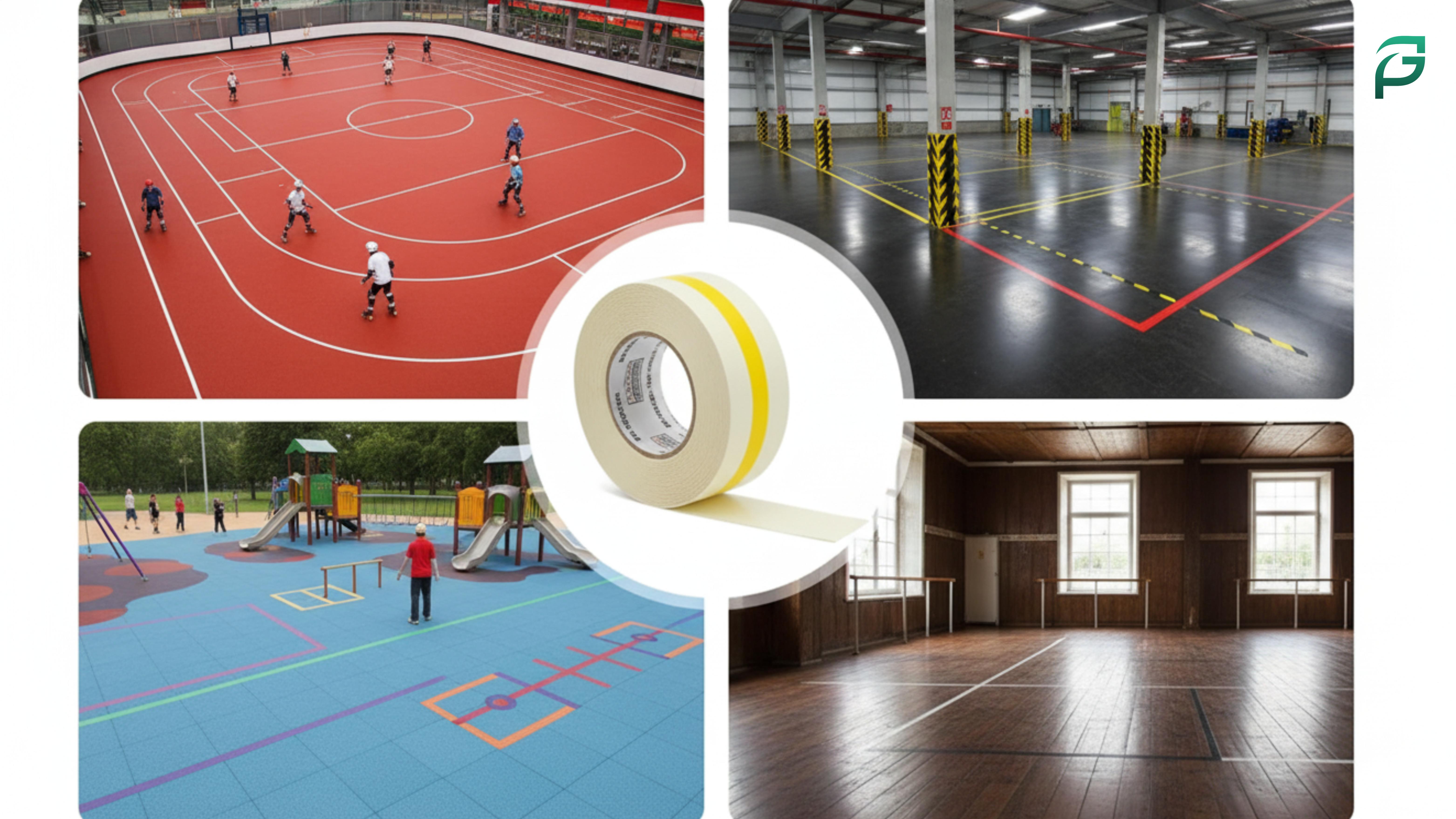 Worker removing yellow sports floor marking tape from a concrete floor without leaving residue