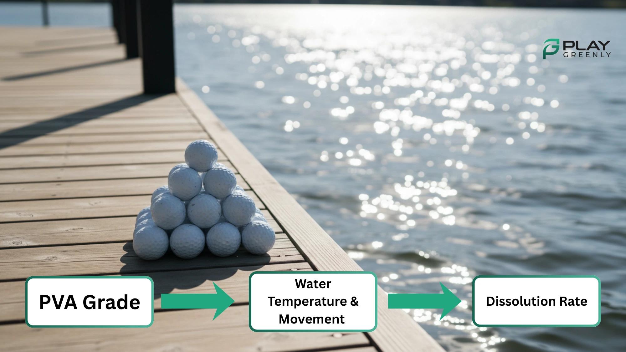 Diagram showing how PVA grade and water temperature/movement influence the dissolution rate of water-soluble golf balls.