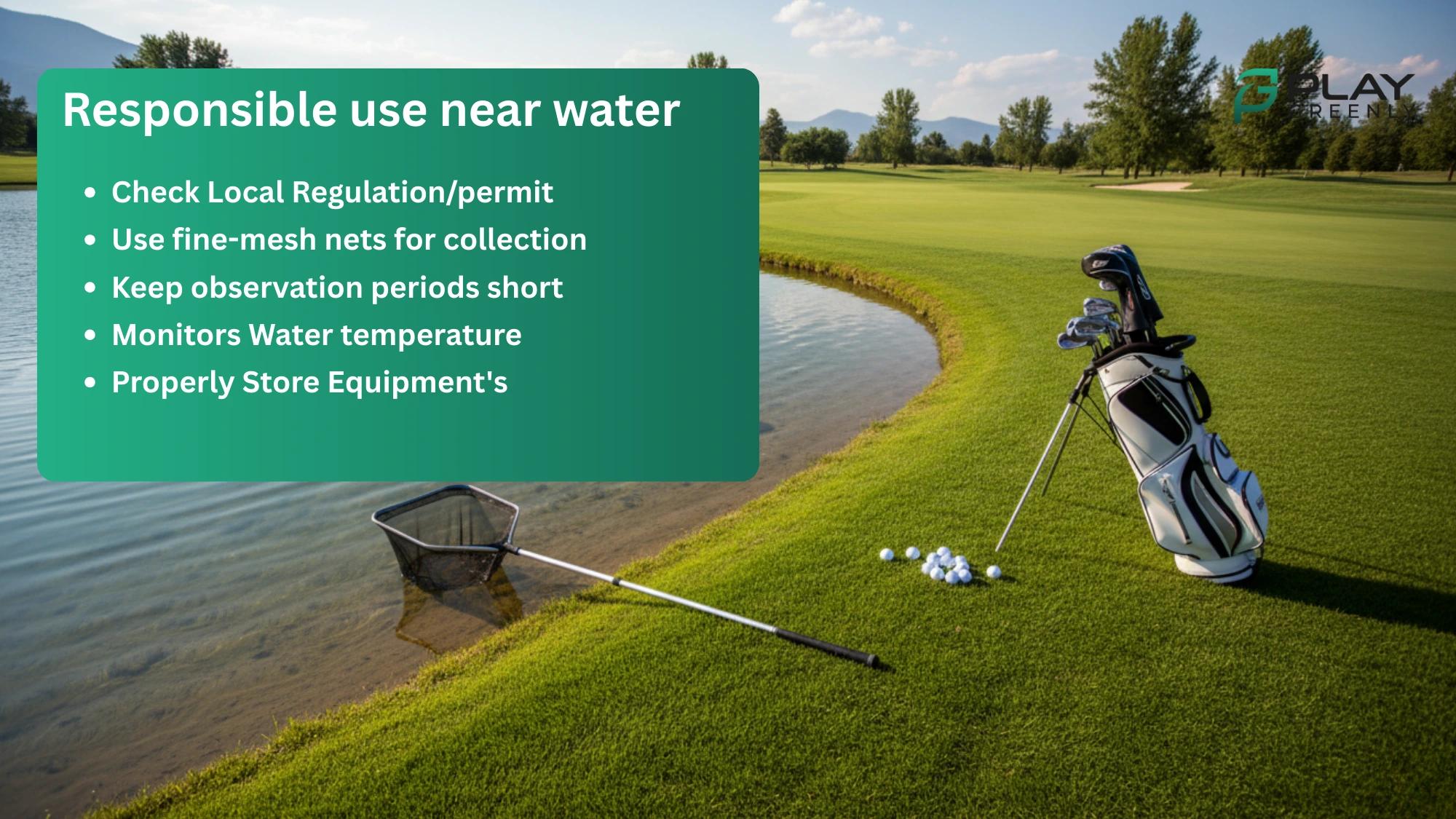 Golf green beside a pond with an overlaid checklist: use approved products, retrieve materials when possible, follow local guidelines, educate others.