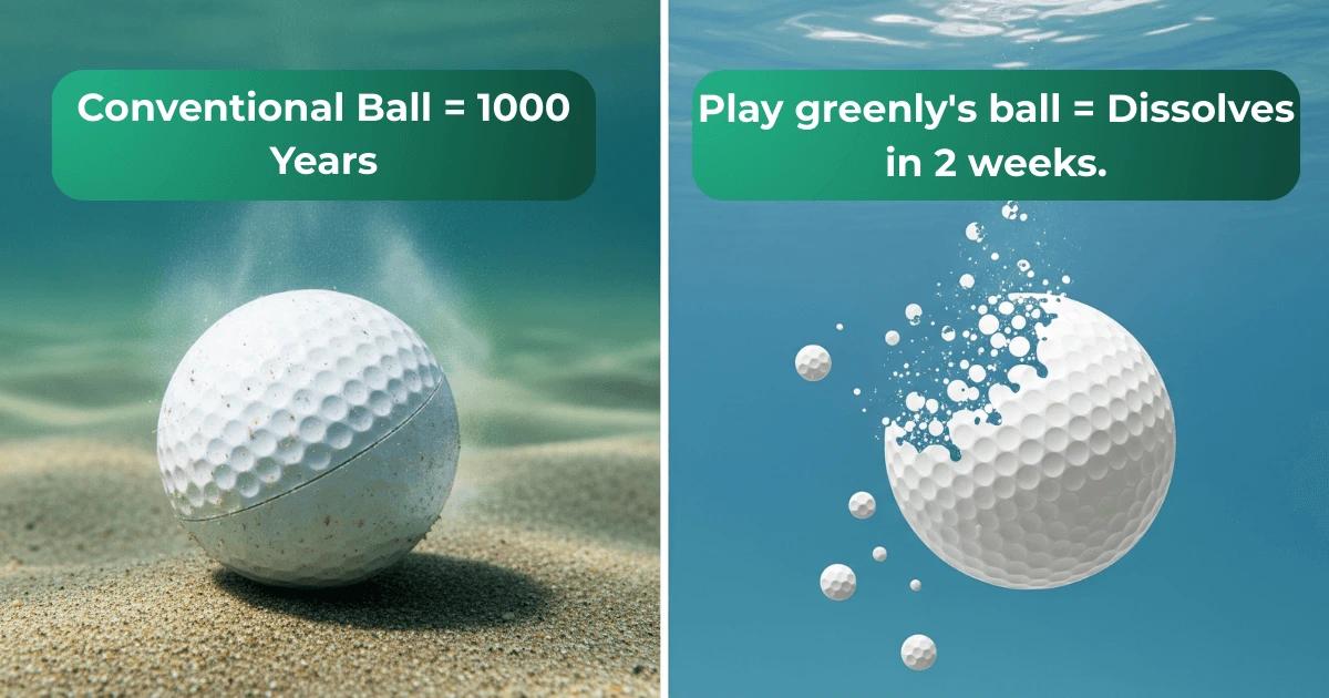 Comparison showing a conventional golf ball lasting for centuries versus a biodegradable golf ball dissolving in water