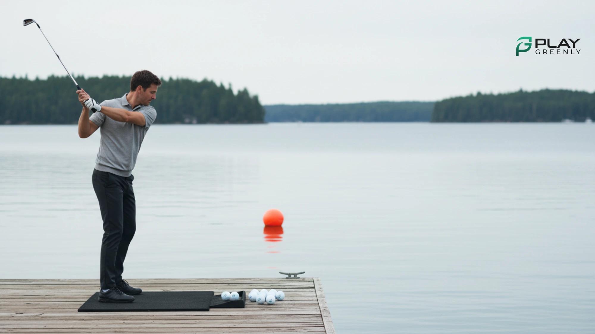 Golfer hitting from a dock toward a buoy-marked play lane—no boats in lane—using dissolvable (water-soluble) practice golf balls.