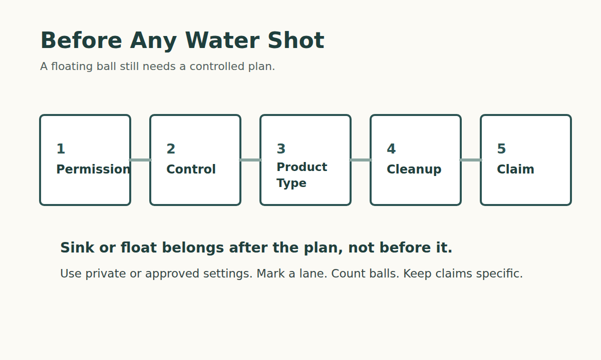 A five-step water-practice planning gate covering permission, control, product type, cleanup, and claims.