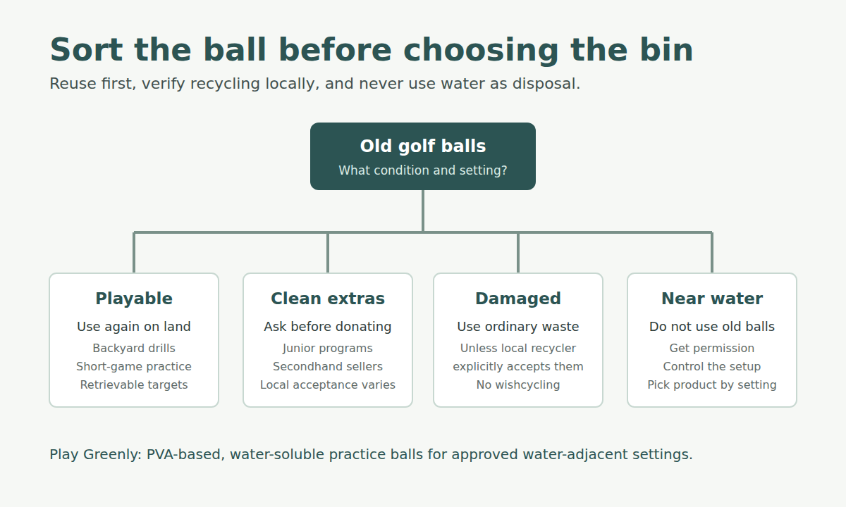 A decision tree starts with old golf balls and branches to land reuse, donation or resale, ordinary waste, and approved water-practice planning.