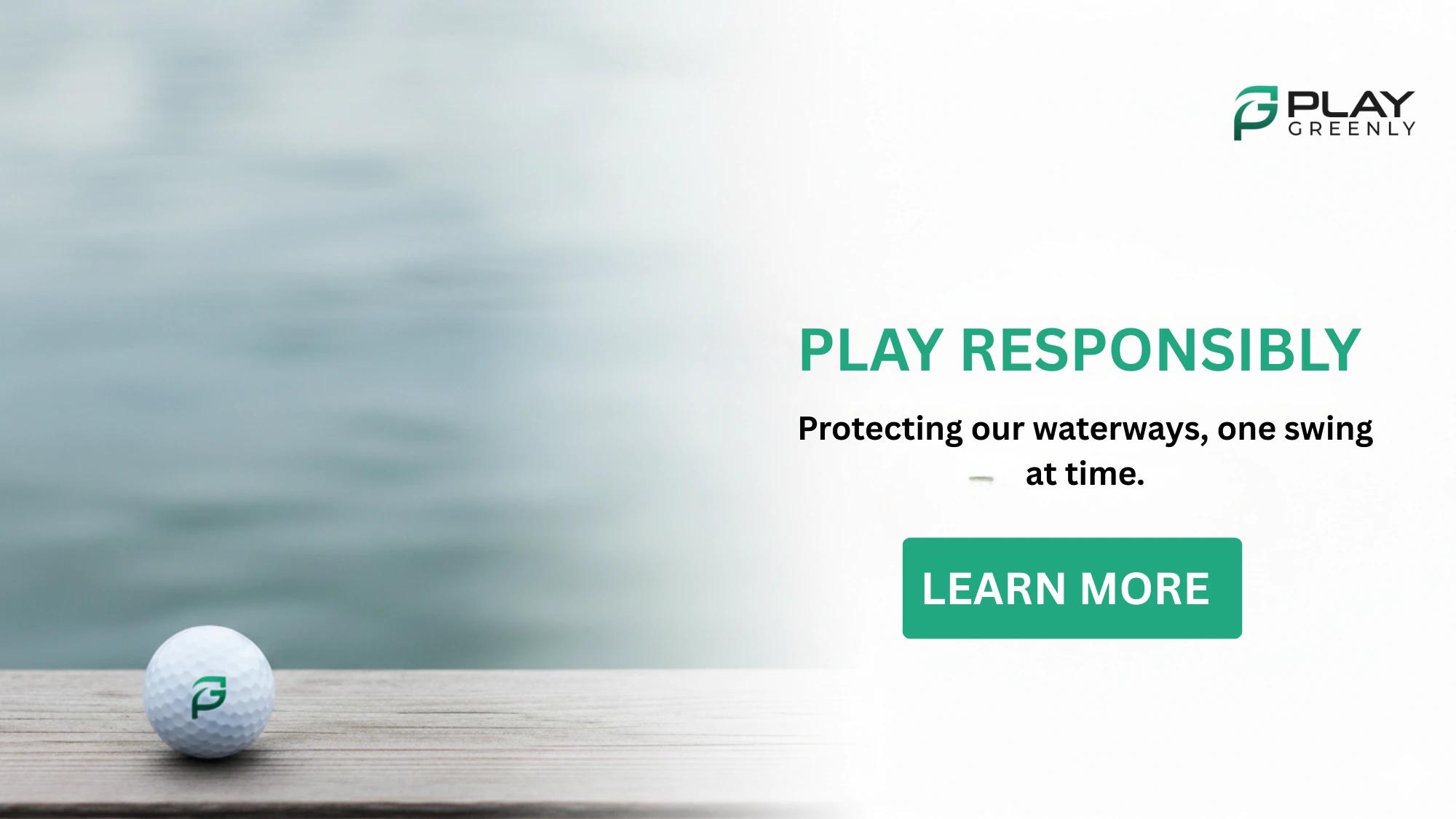 Golf green beside a pond with an overlaid checklist: use approved products, retrieve materials when possible, follow local guidelines, educate others.