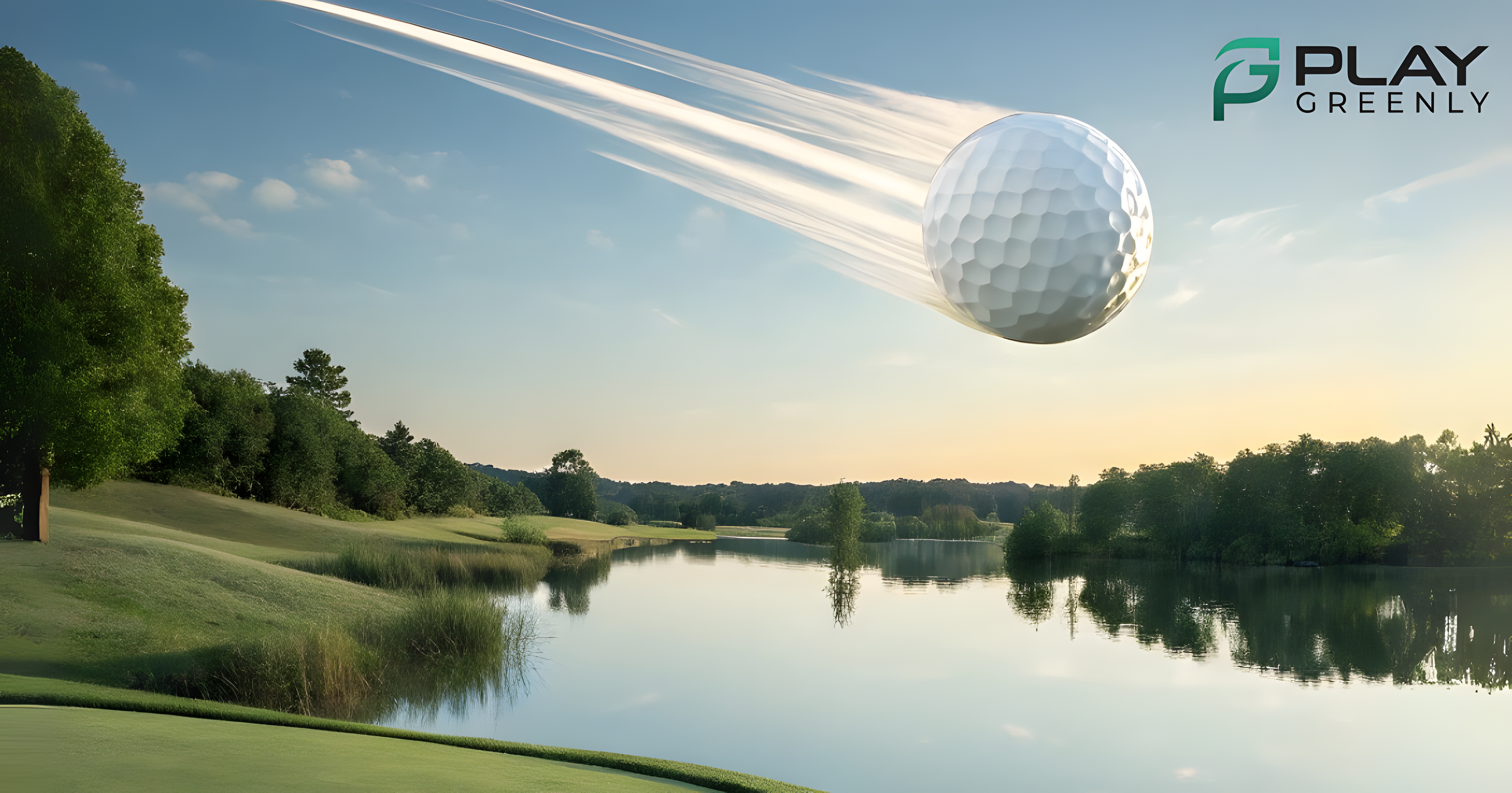 Golf ball flying toward a lake highlighting environmental impact of golf balls in water