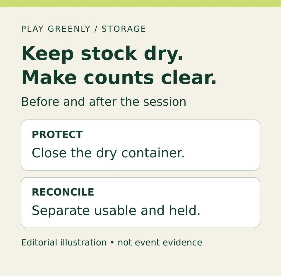 Protect dry inventory, issue a counted batch, and keep usable and held stock separate.