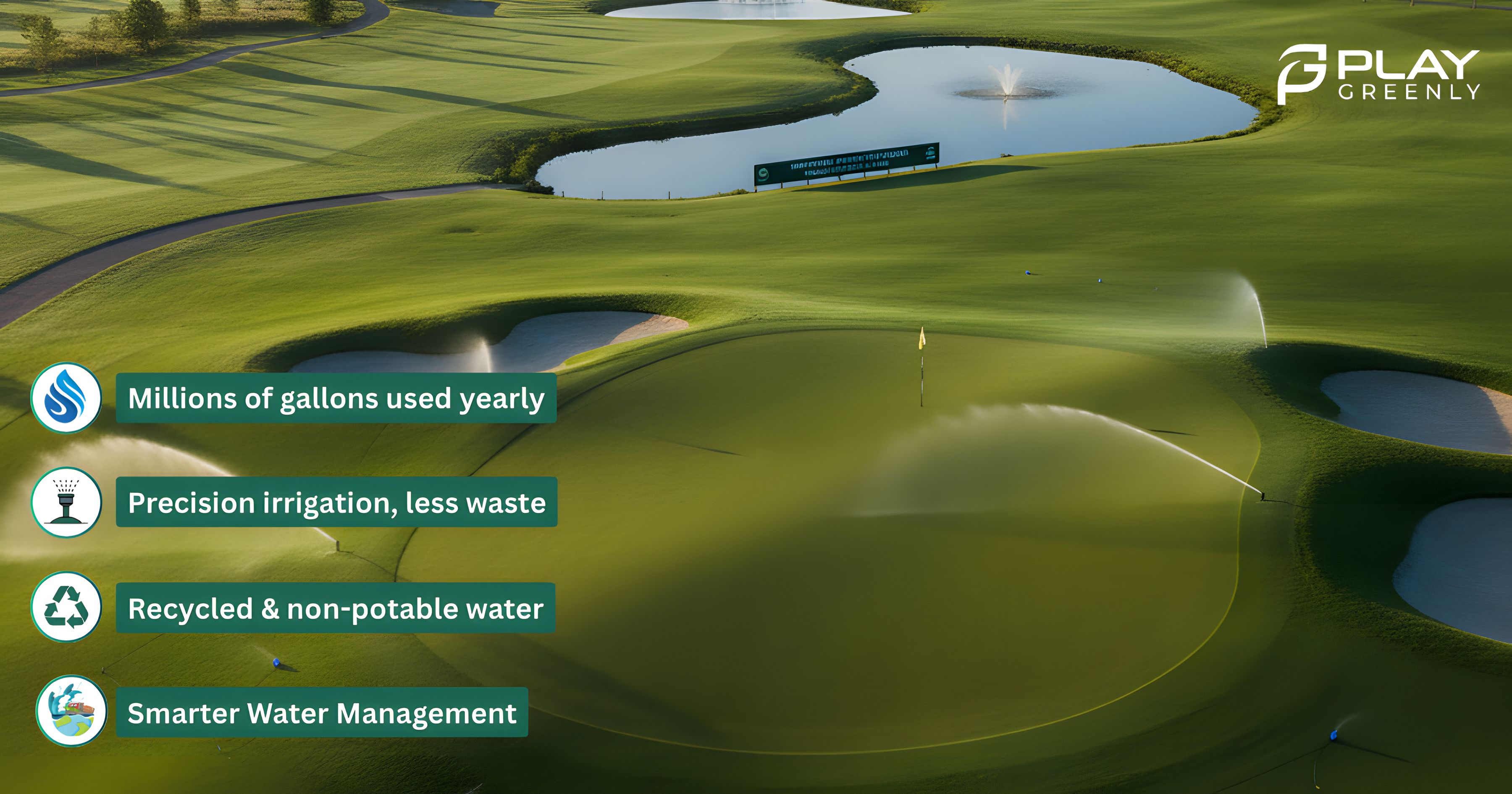 Aerial view of a golf course showing smart irrigation and efficient water management practices