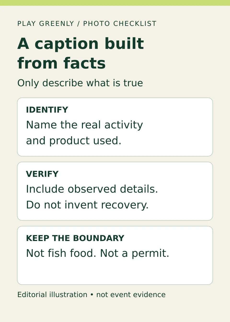 Caption review: identify the real activity, include only verified details, and keep product-use boundaries next to the claim.