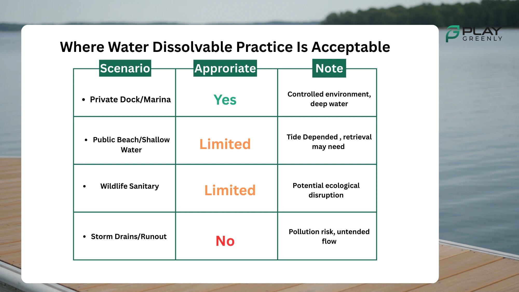 Matrix listing scenarios for dissolvable practice near water—private dock/marina (Yes), public beach/shallow water (Limited), wildlife sanctuary (Limited), storm drains/runoff (No)—with brief notes for each.