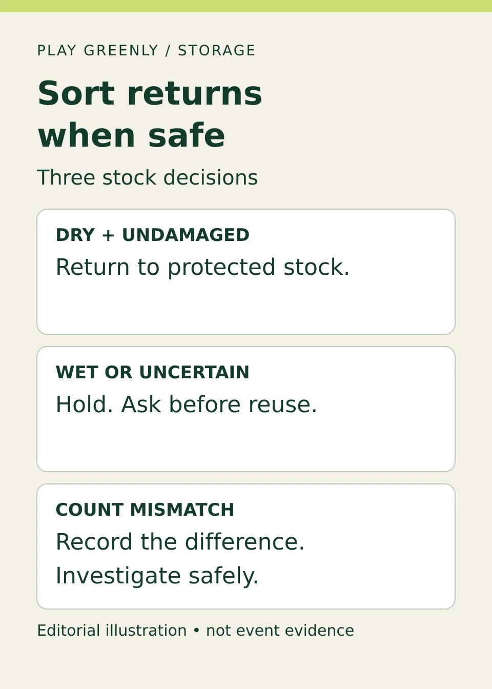 Three return decisions: dry and undamaged stock returns to storage; wet or uncertain stock is held; a count mismatch is investigated.