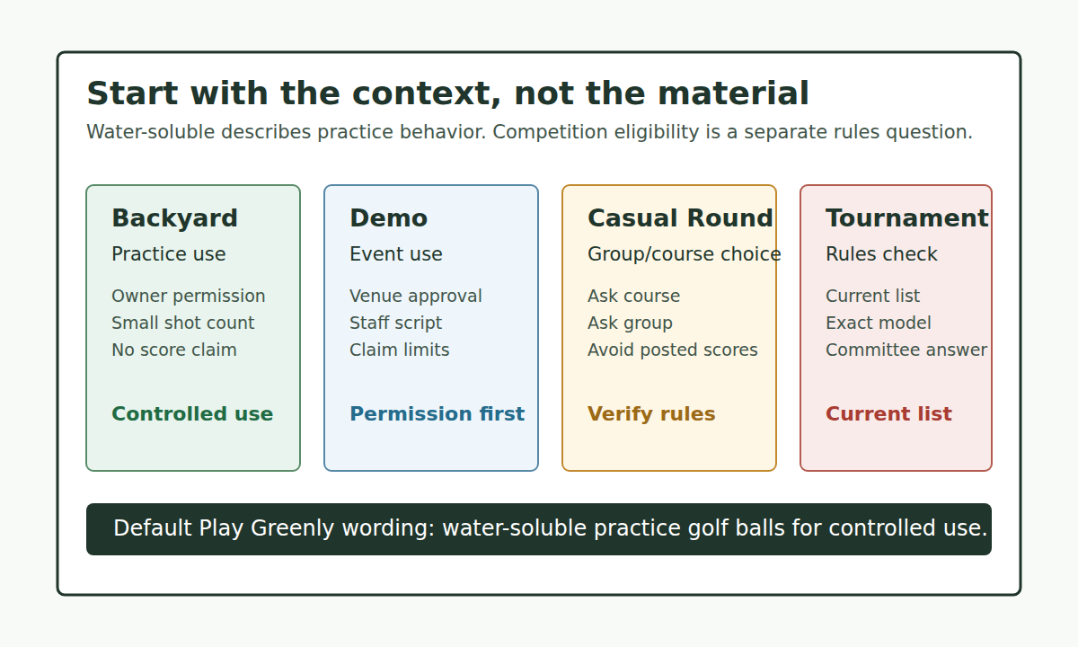 Matrix showing when to treat water-soluble golf balls as practice balls or check competition rules.
