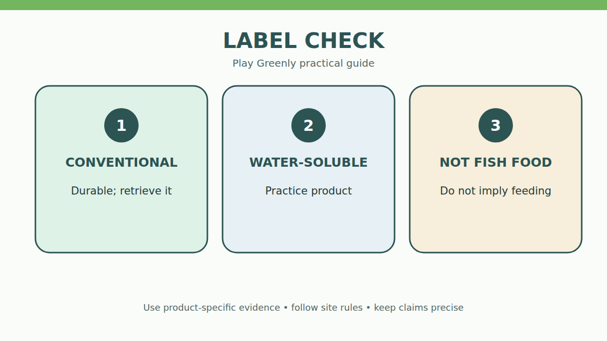 Three golf balls labeled conventional, water-soluble practice, and not fish food.