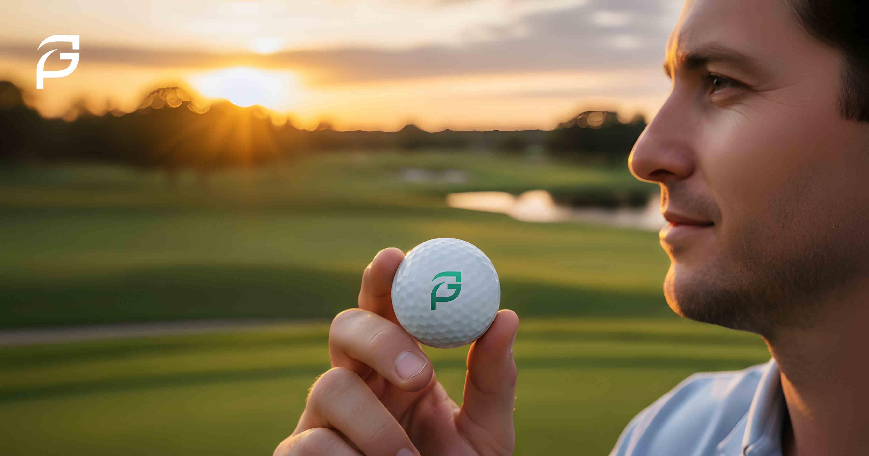 Golfer holding a biodegradable PlayGreenly golf ball promoting eco-friendly golf equipment