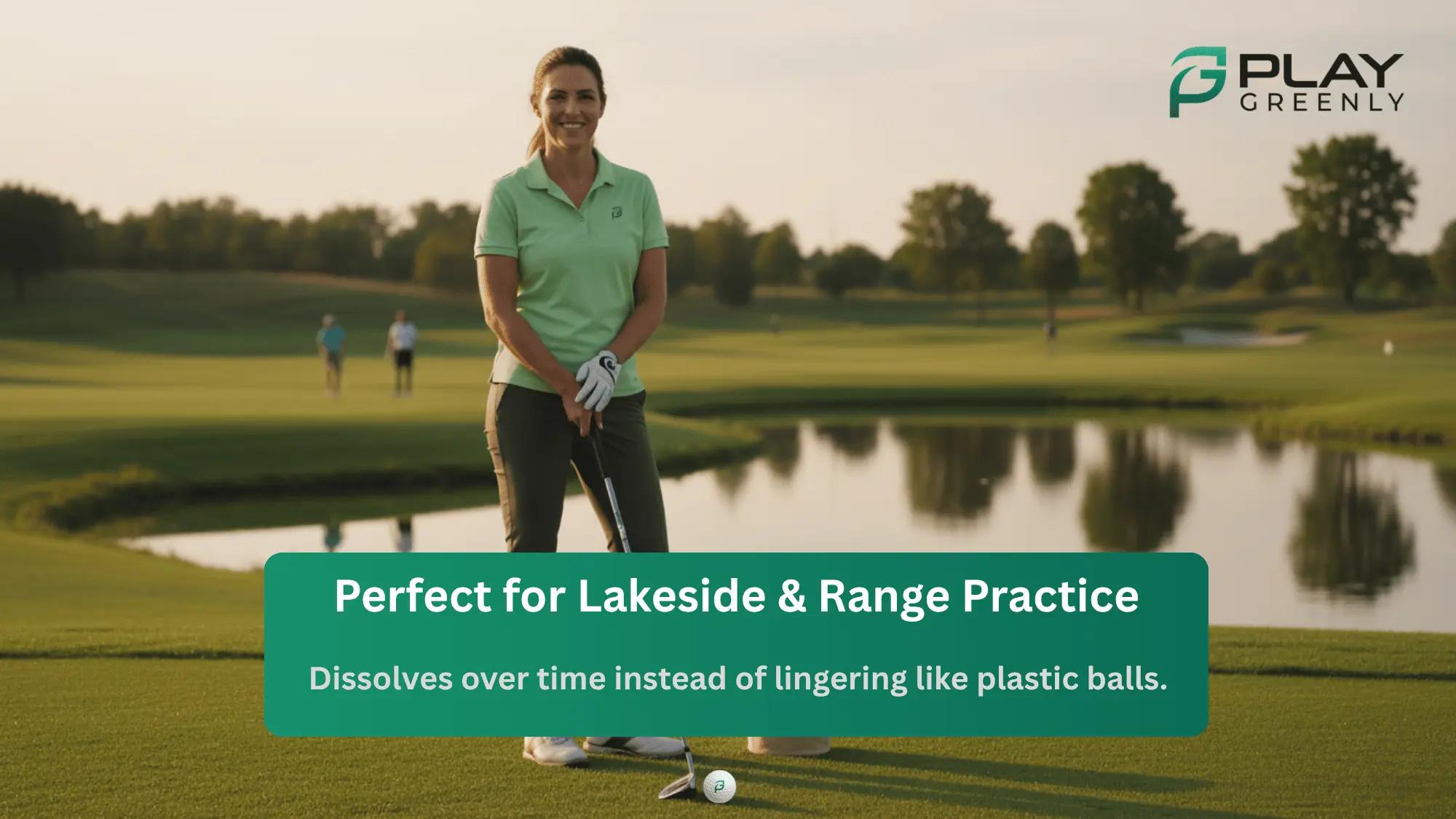 Golfer practicing with biodegradable golf balls near a lake for sustainable golf play