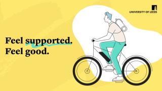 Illustration of person riding a bike reading Feel supported. Feel good.