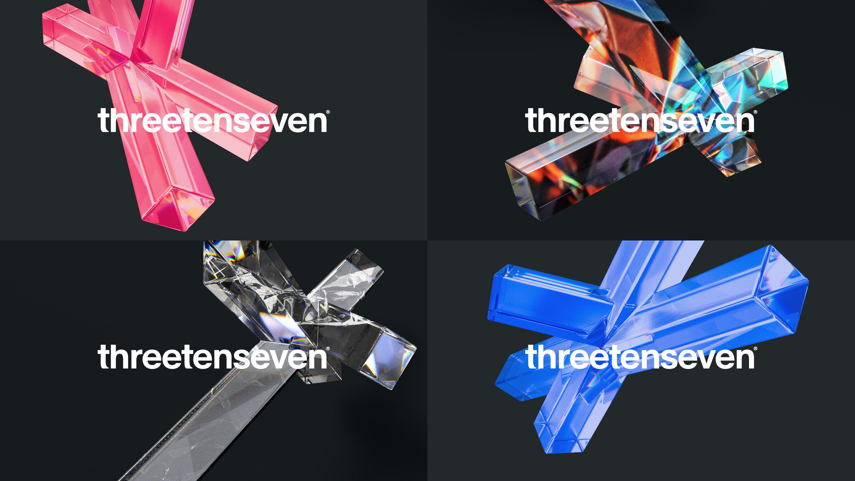 ThreeTenSeven logos over 3D shape filled with colours