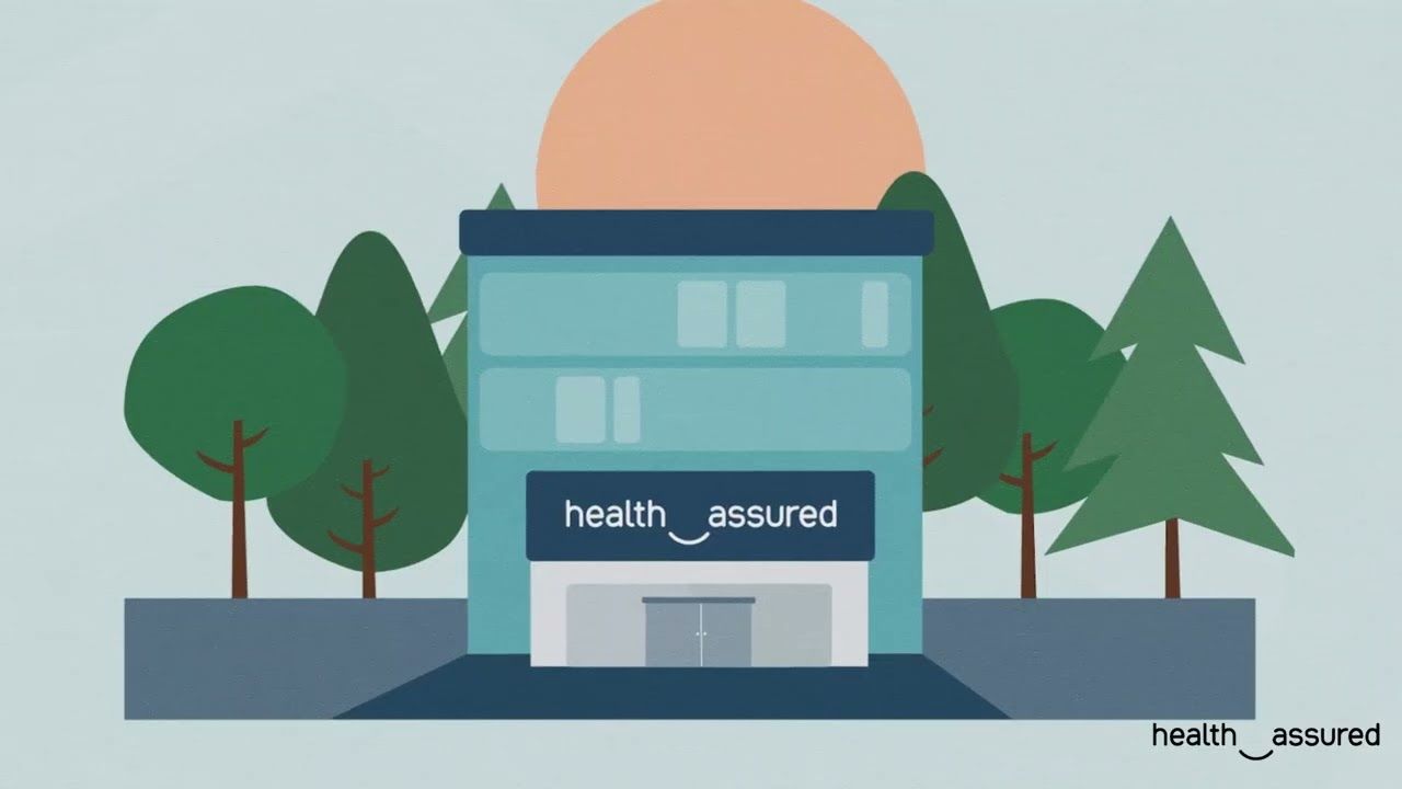 Illustration of building with Health Assured logo on the front