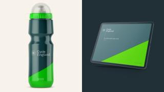 Branded water bottle and iPad screen
