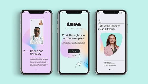 Phones showing the app, 'Leva', the UK’s first online chronic pain clinic