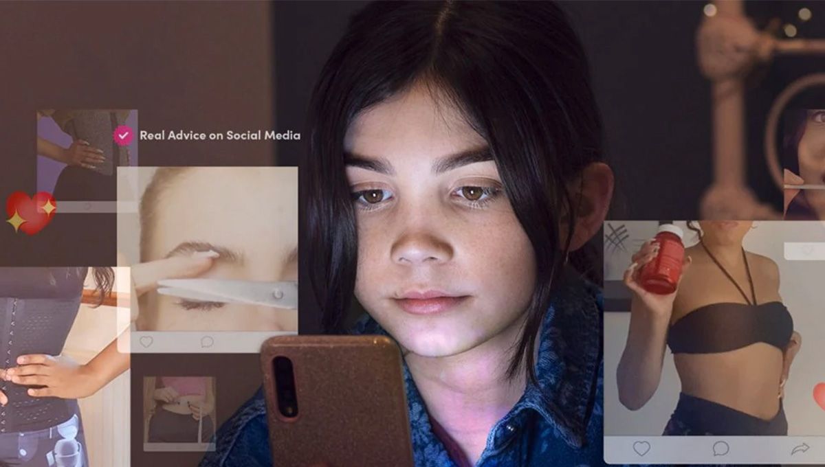 Child looking at toxic beauty advice on phone