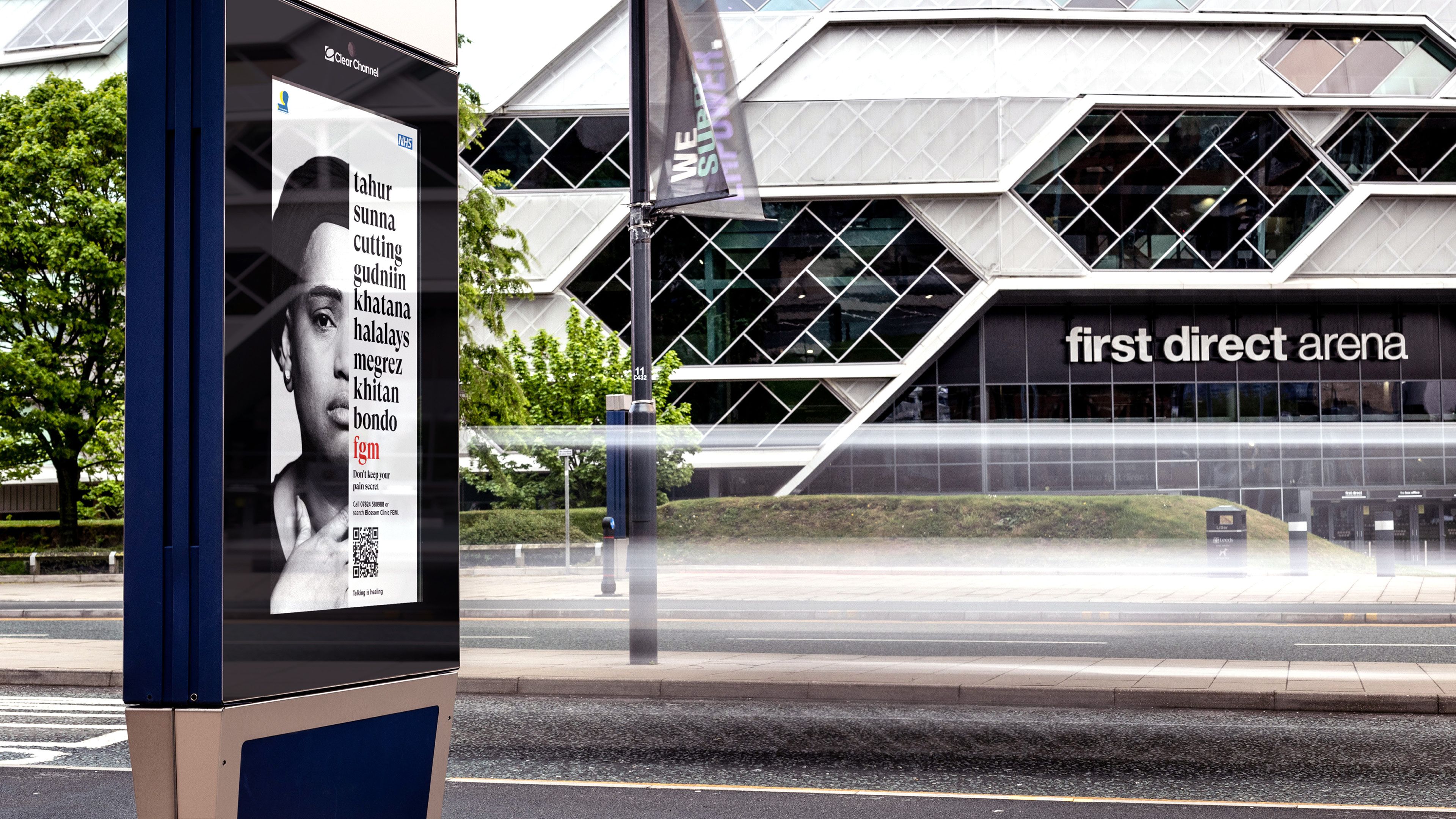 FGM campaign digital advert outside First Direct Arena