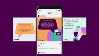 Mock up of an Instagram feed with three brightly coloured posts from SAMA