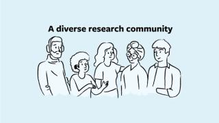 Illustration of a group of people reading 'A diverse research community'