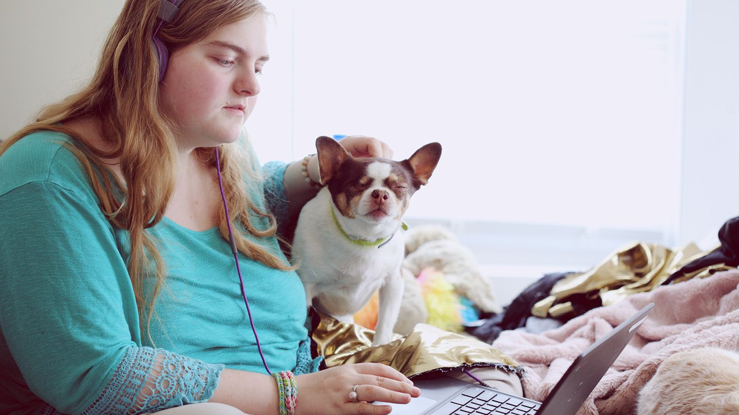 Young person accessing MindMate website with dog
