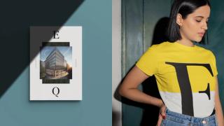 EQ brochure cover and t shirt