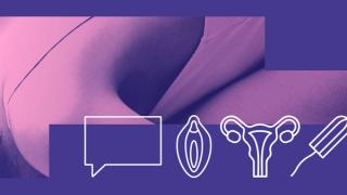 Purple and pink design with symbols