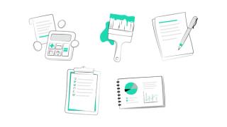Variety of illustrations including a paint brush and calculator