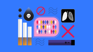 Illustrations of cigarettes, stop signs, black lungs and a group of people in the middle.