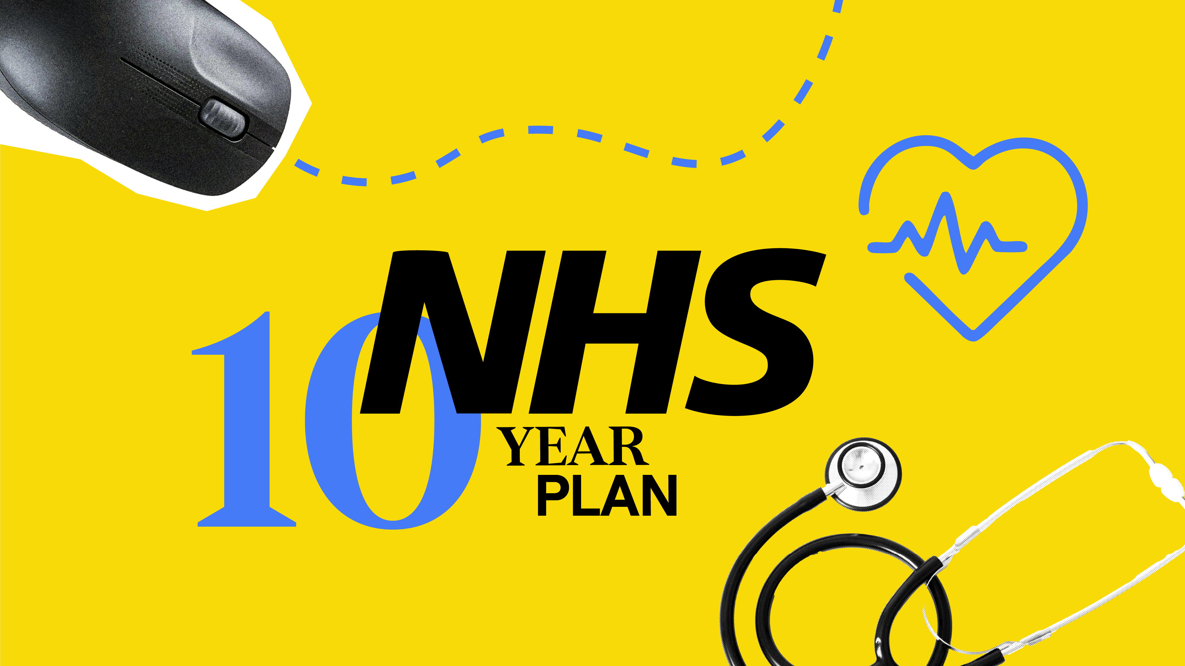 NHS 10 year plan, with NHS logo surrounded by a computer nouse, a beating heart icon and a stethoscope