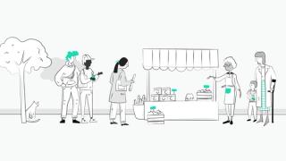 Illustration of market seller with customers