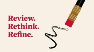 Illustration of a pencil reading 'Review. Rethink. Refine.'