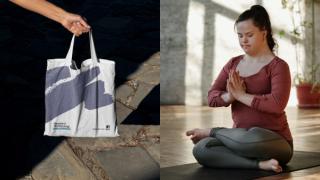 Images of a tote bag with campaign graphics and a person doing yoga