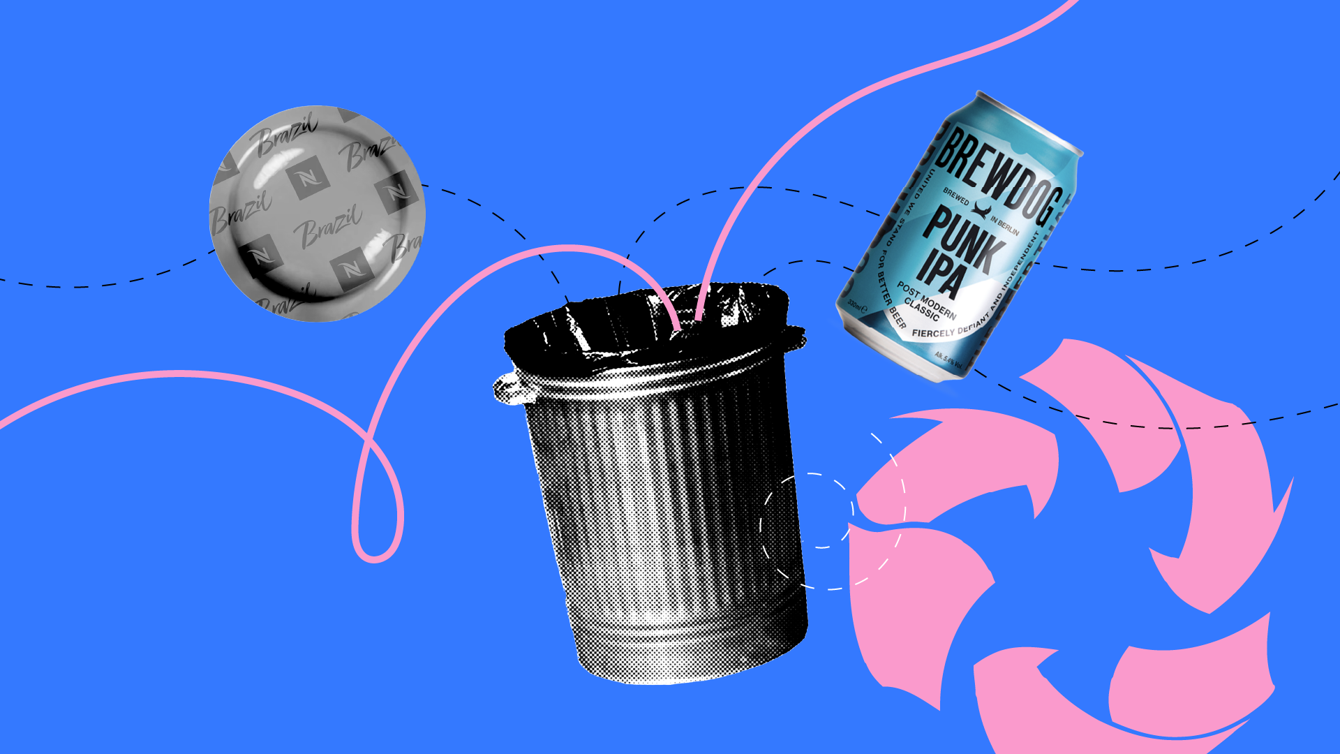 A Nespresso tab and can of Brewdog being chucked in a dustbin, but subtly so they don't sue us for defamation