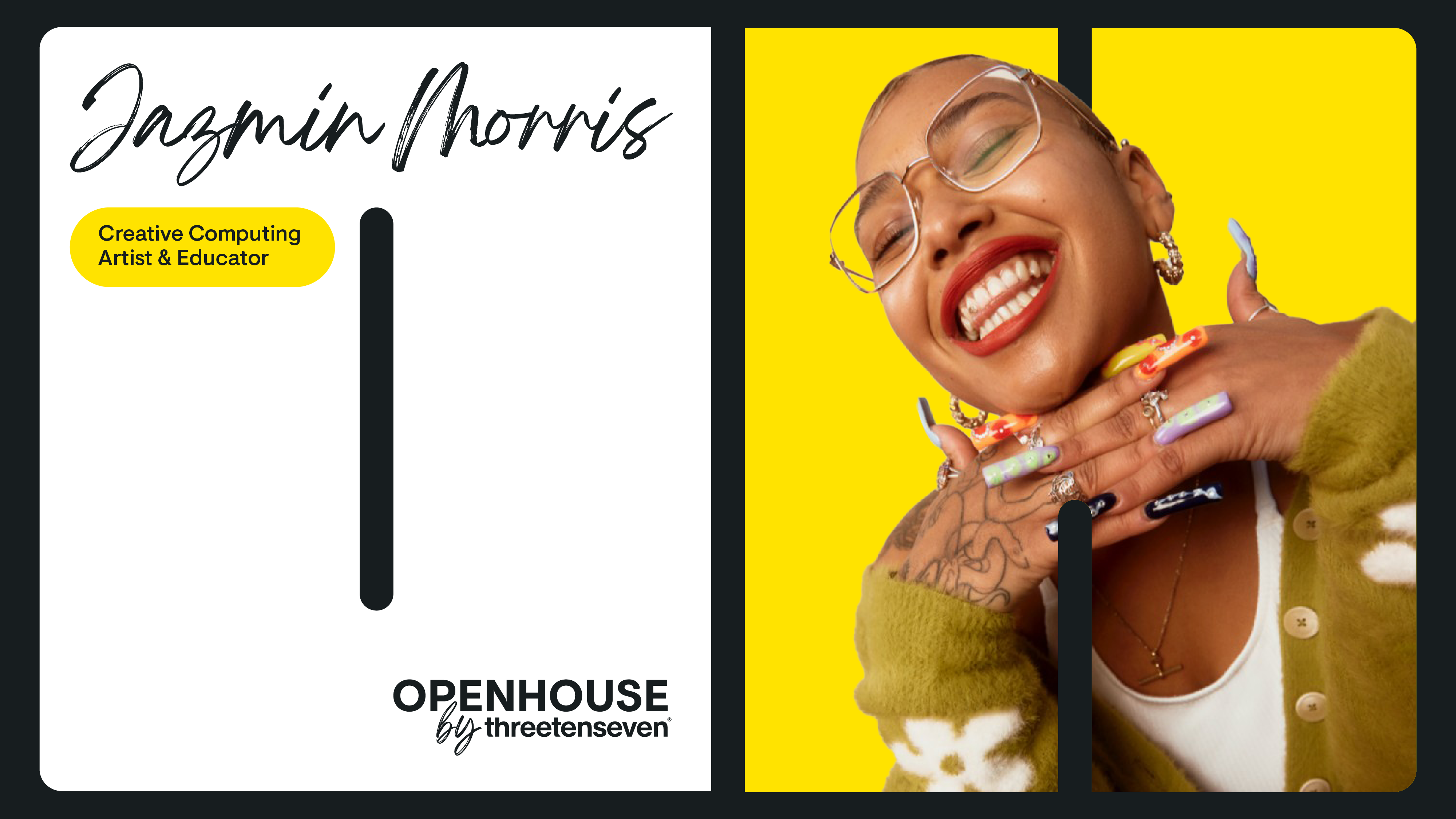 Jazmin Morris, Creative Computing artist and educator, Openhouse. PIcture of gorgeous black woman with chin up to camera, eyes closes and epic nail extensions
